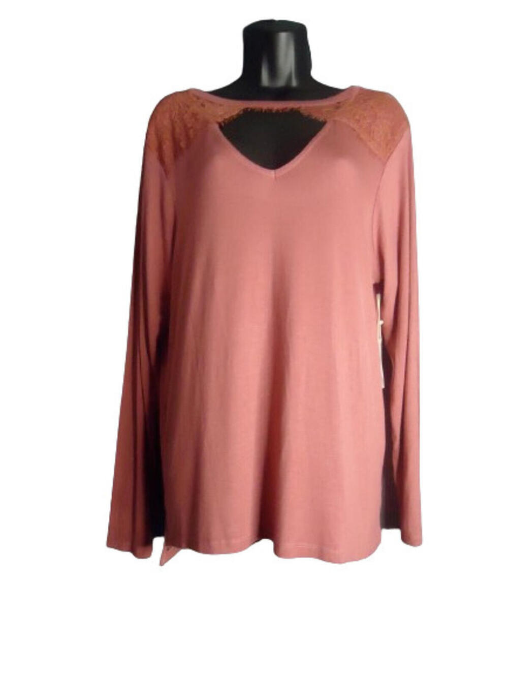 Glitz Long Sleeve Lacy V Neck Blouse Womens Size 1X Rose Pink New